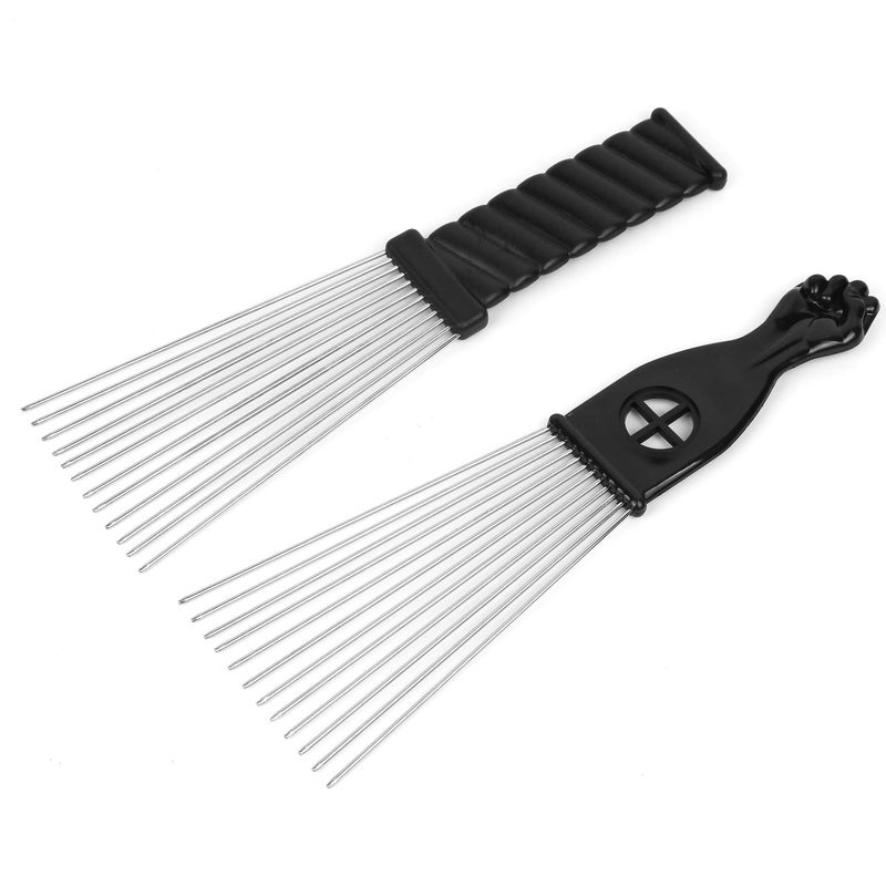 Folansy Afro Comb Metal African American Pick Comb Hairdressing Styling Tool, 2 Pack (Black-4, 2piece Assortment, Wide Teeth, Classic Black Fist Design, For Curly Hair and Afro Hairstyle) - Image 1
